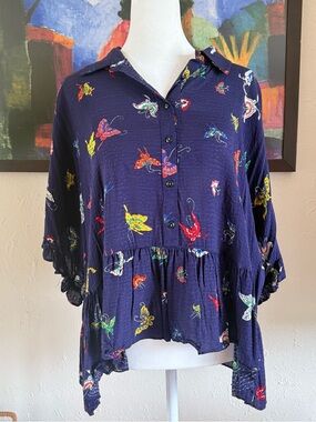 Anthropologie Maeve Navy Butterfly Print Button-down Peplum Blouse